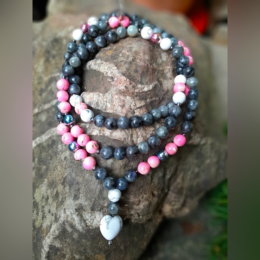 Artisan Hand Crafted Larvikite, Pink and White Howlite & Rainbow Hematite Mala